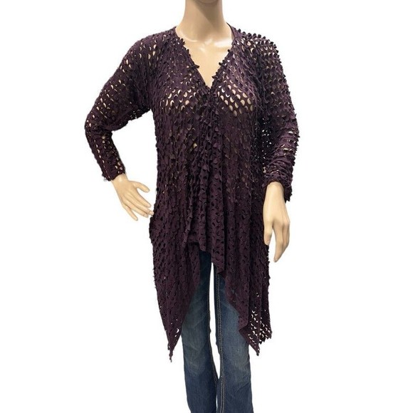 Linea Domani Purple Laser Cut Fishnet  Long Sleeve Open Front Cardigan Medium - Picture 1 of 7